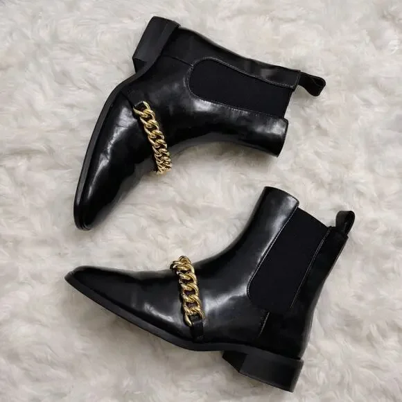 JEFFREY CAMPBELL Emrys Chelsea Boots Black High Shine Leather Gold Chain Size 6 - Picture 3 of 10